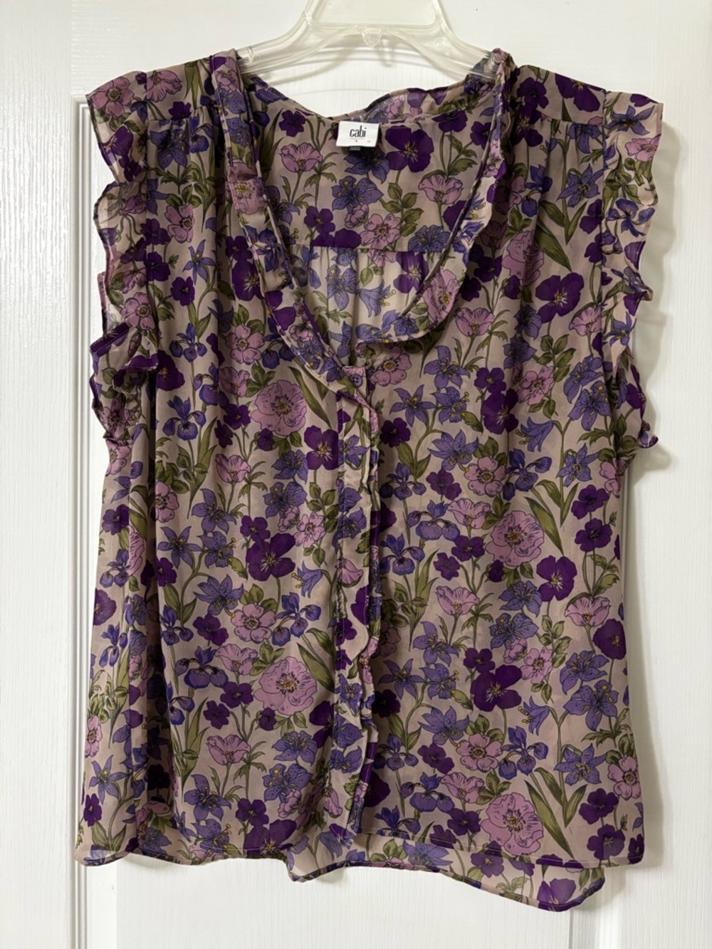 CAbi style 4168. Purple Floral Triffle Top.  Ruffle Cap-Sleeve Blouse